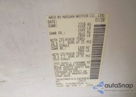 2018 Nissan Murano Sl z USA, uszkodzony, nr VIN 5N1AZ2MG4JN156989